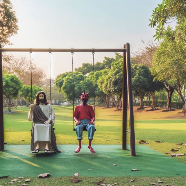 Charming and nostalgic scene depicting Jesus and Satan sitting side by