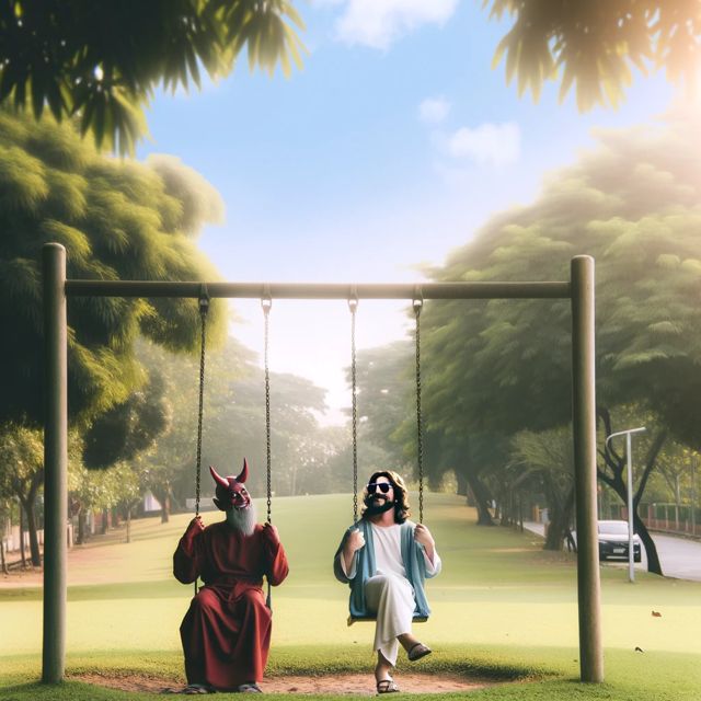 Charming and nostalgic scene depicting Jesus and Satan sitting side by