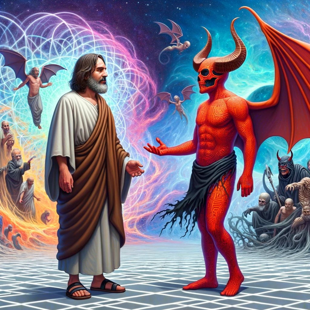 Conceptual and highly imaginative illustration featuring the two figur