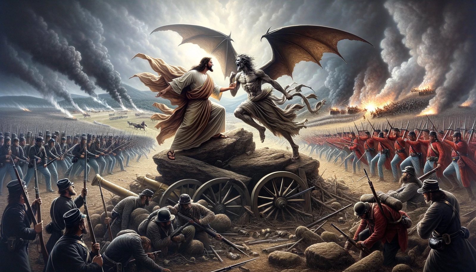 Dramatic and epic scene of Jesus and Satan fighting a monumental battl