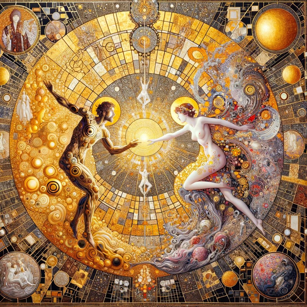 Dynamic and symbolic scene featuring a confrontation between a figure 