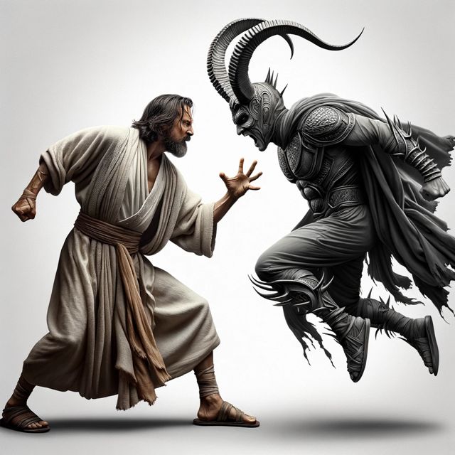Dynamic scene depicting an epic battle between two middle-aged men