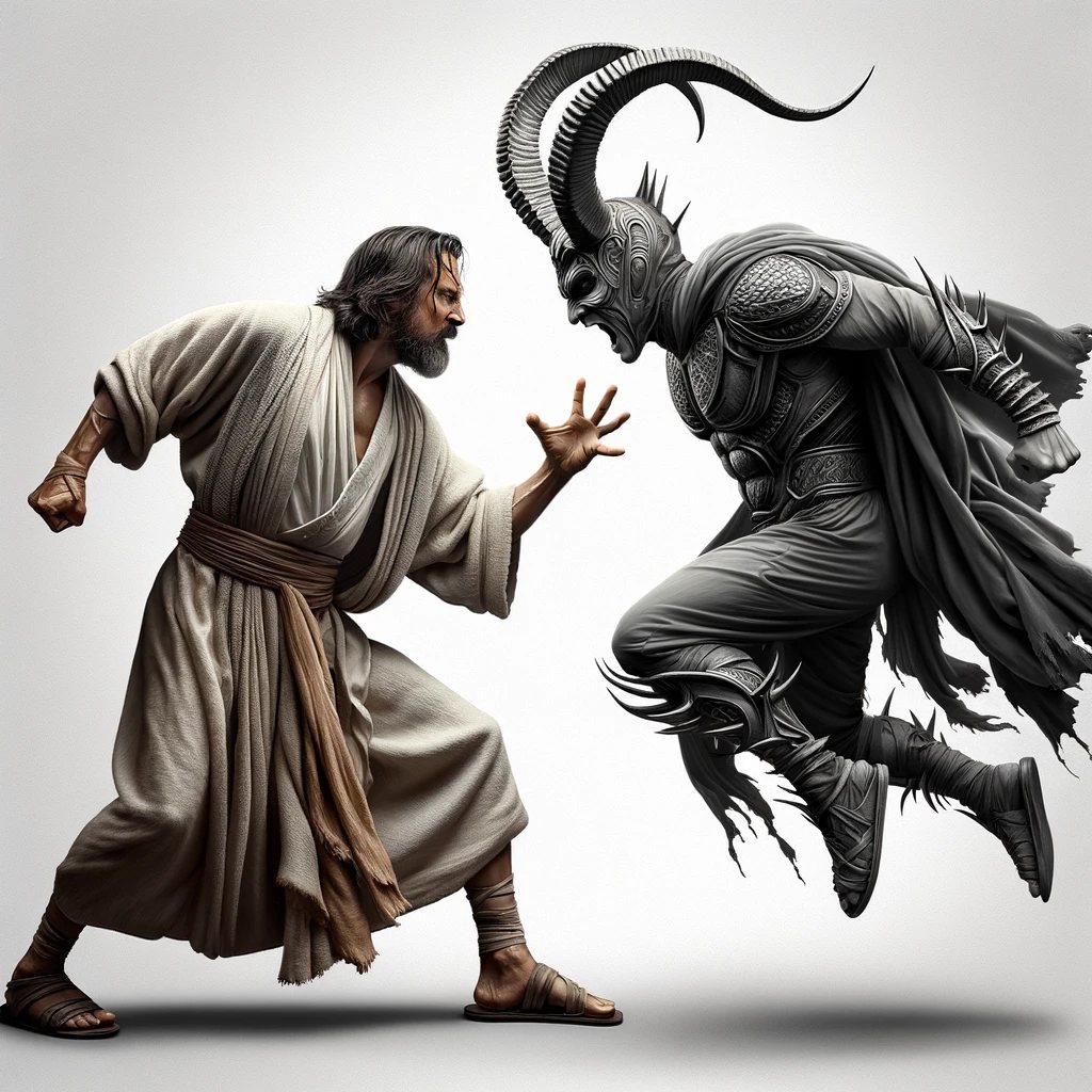Dynamic scene depicting an epic battle between two middle-aged men