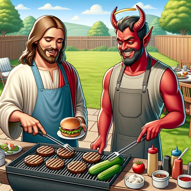 Friendly and casual scene depicting Jesus and Satan at a barbecue