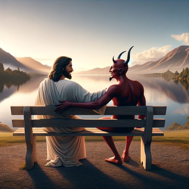 Heartwarming scene depicting Jesus and Satan as best friends