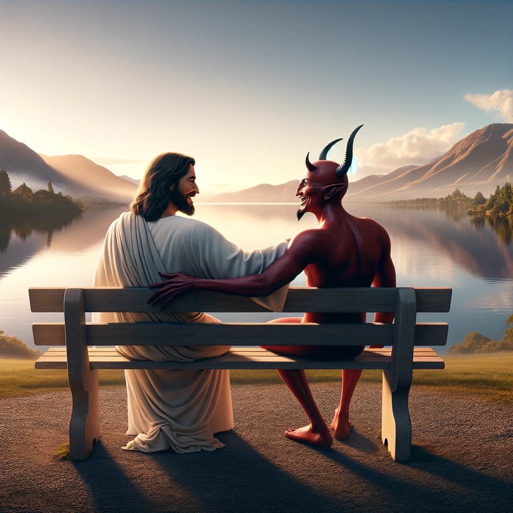 Heartwarming scene depicting Jesus and Satan as best friends