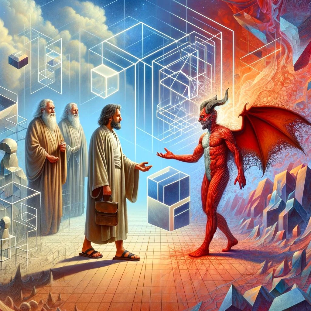 Highly abstract and conceptual illustration depicting two figures