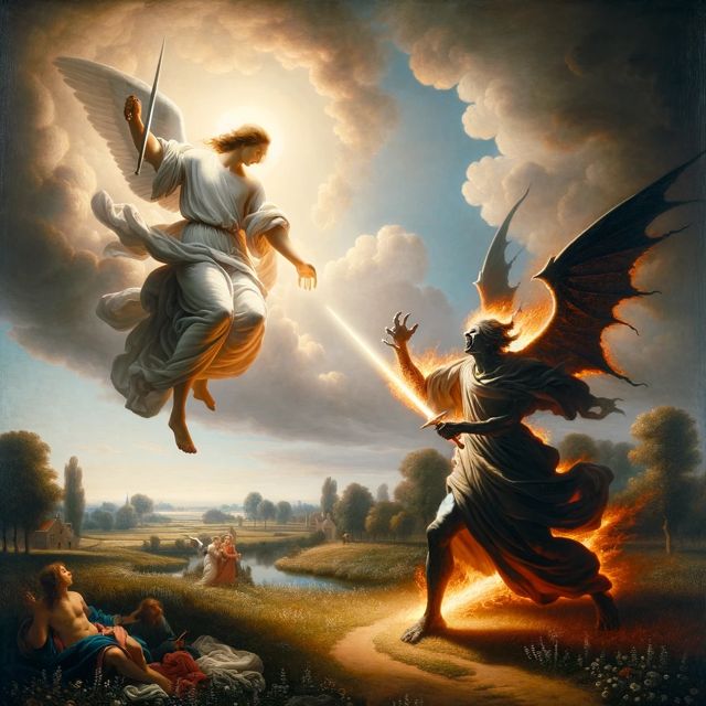 Imagine a scene depicting an epic battle between two supernatural figu