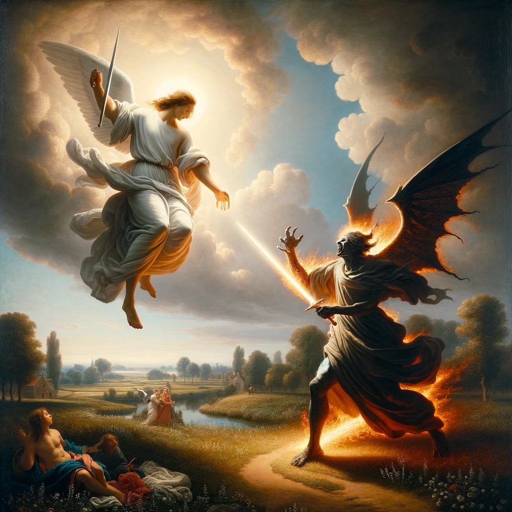 Imagine a scene depicting an epic battle between two supernatural figu