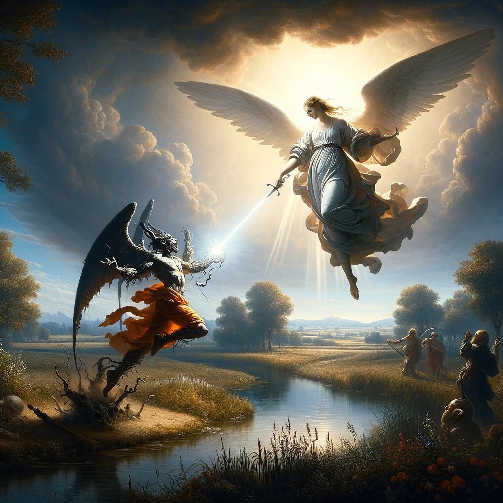 Imagine a scene depicting an epic battle between two supernatural figu