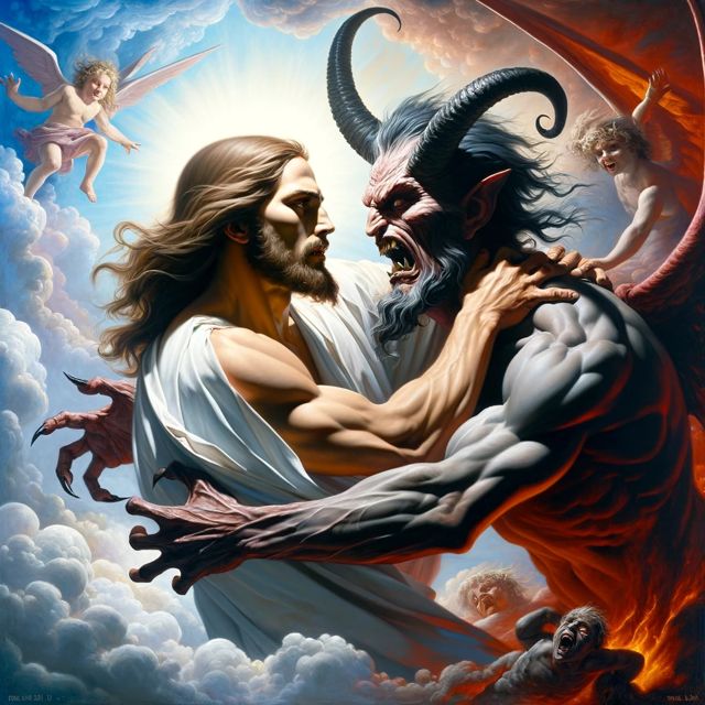 Intense close-up scene of Jesus and Satan locked in combat
