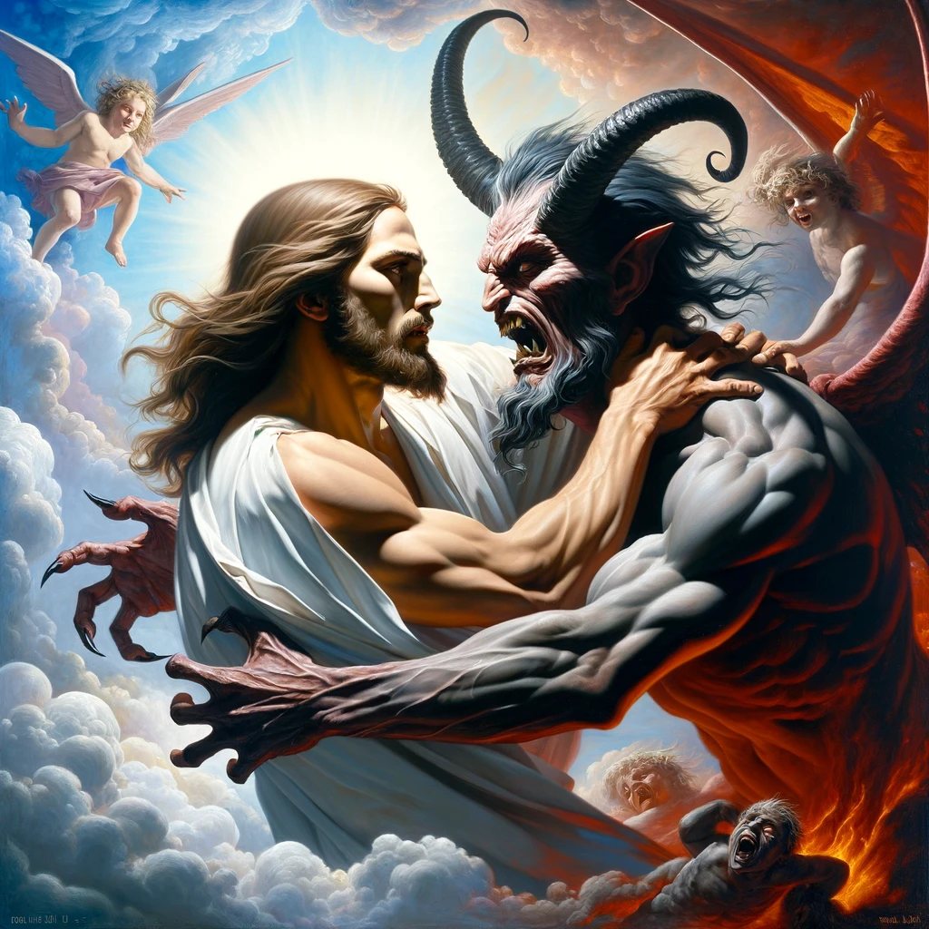 Intense close-up scene of Jesus and Satan locked in combat
