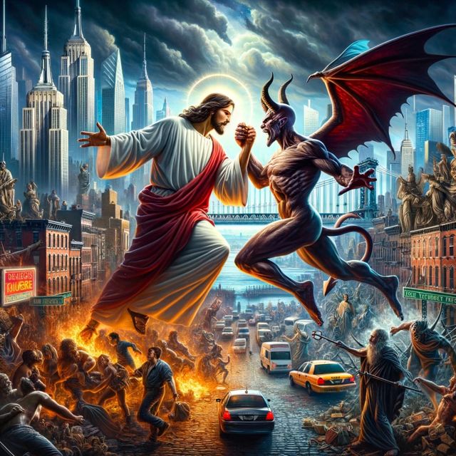 Intense scene of Jesus and Satan locked in combat