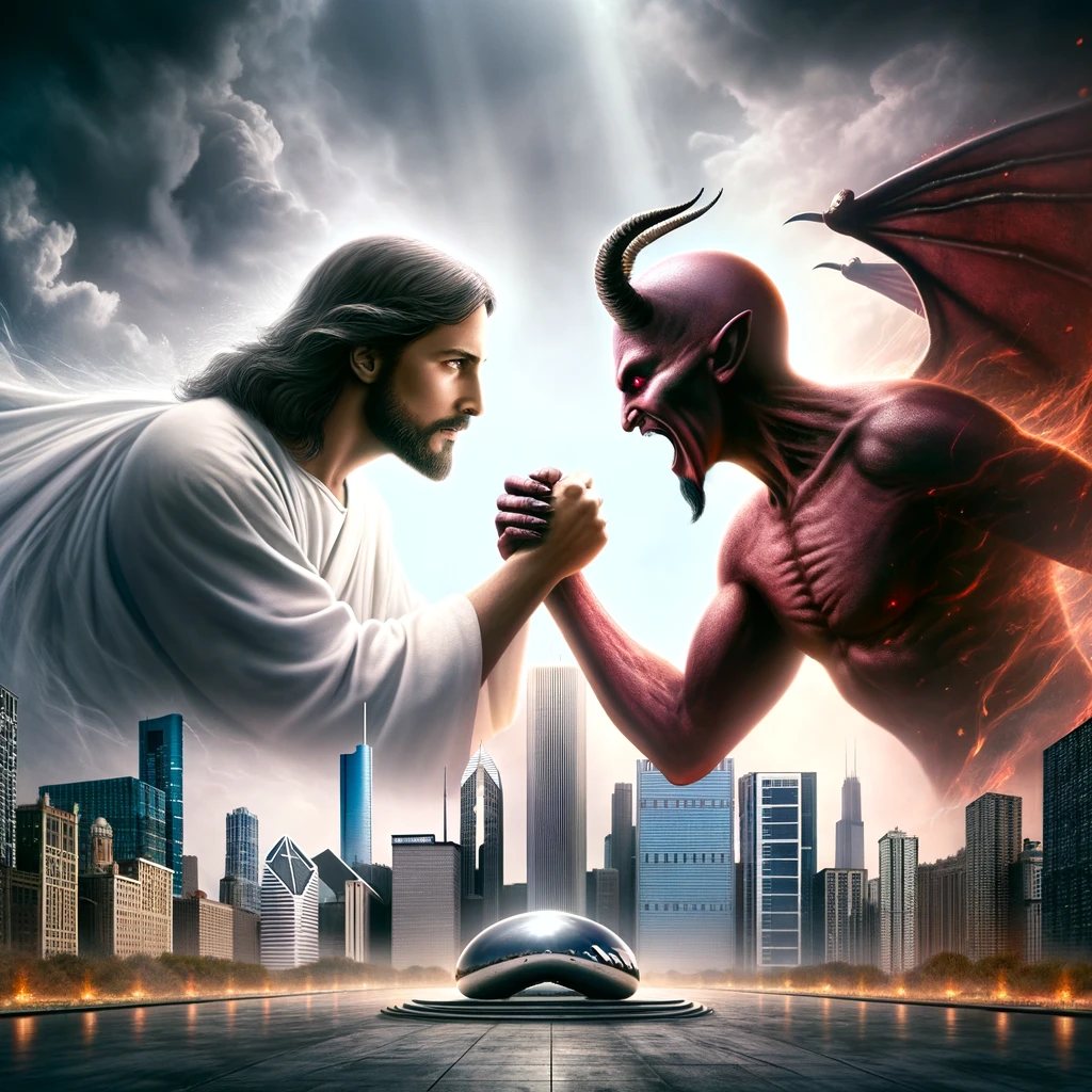 Intense scene of Jesus and Satan locked in combat