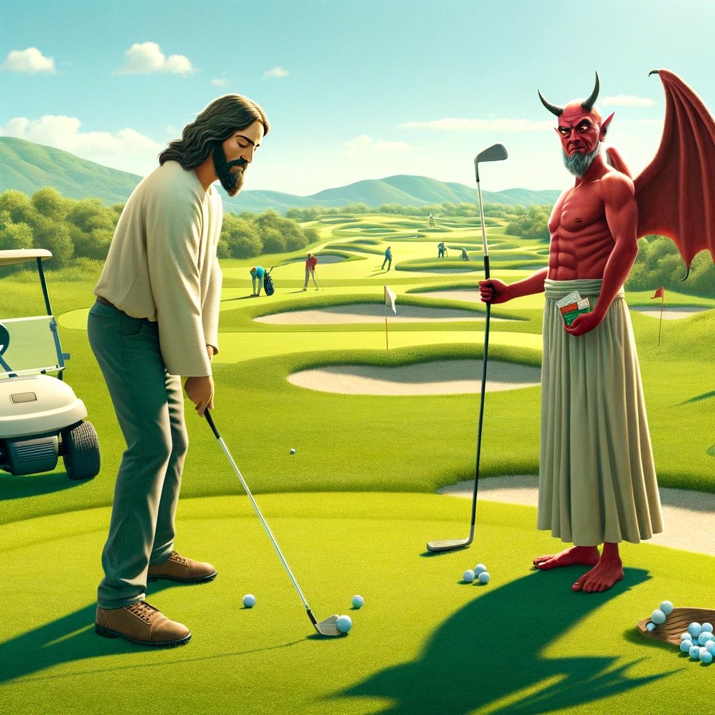 Light-hearted scene depicting Jesus and Satan playing golf on a sunny 
