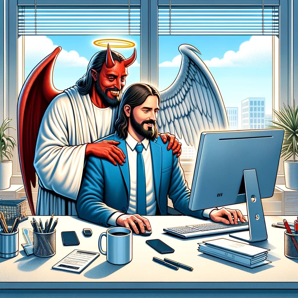 Lighthearted scene depicting Jesus and Satan as co-workers