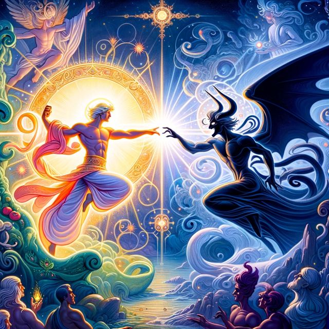 Mystical battle scene depicting a radiant