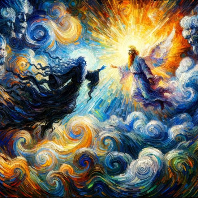 Mystical confrontation between a figure of light and a figure of darkn
