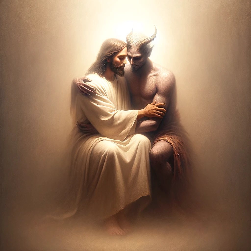 Peaceful and intimate scene depicting Jesus and Satan in an embrace
