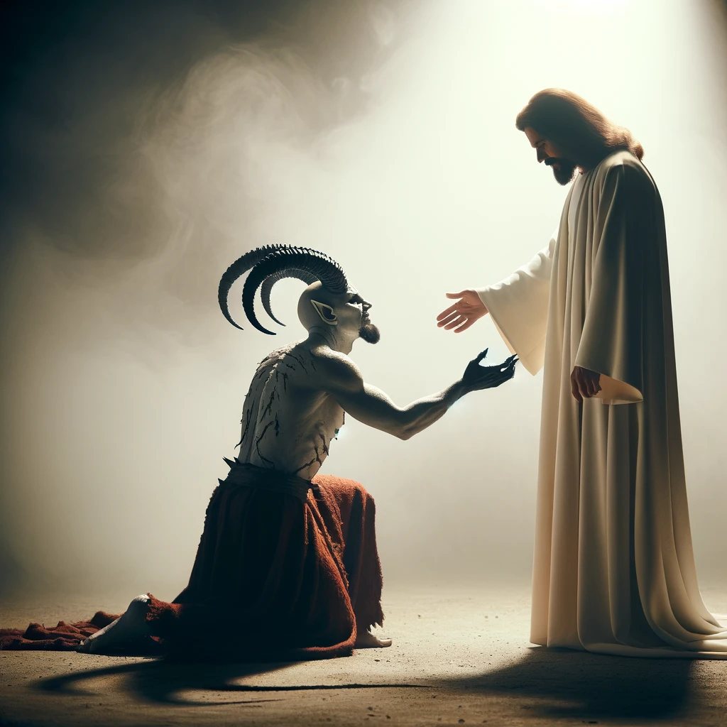 Powerful and emotional scene depicting Satan having given up his evil 
