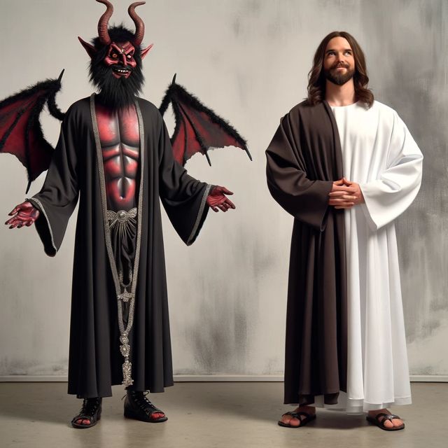 Quirky and amusing scene depicting Jesus and Satan wearing each other'