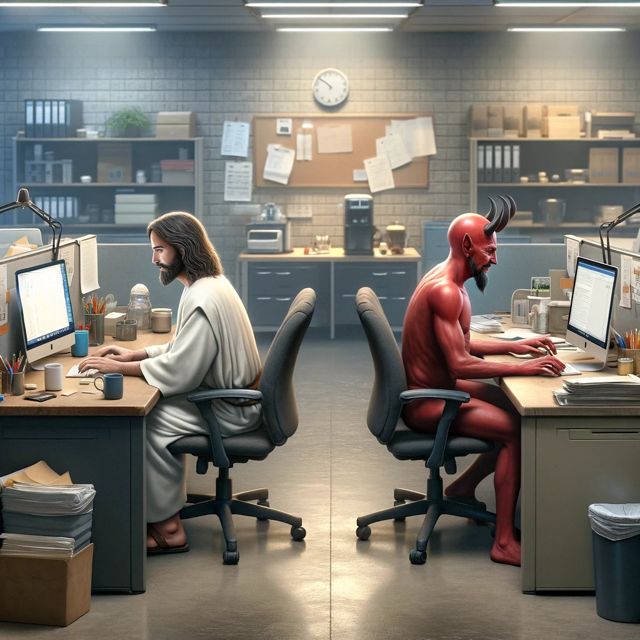 Realistic scene depicting Jesus and Satan as co-workers in a typical o