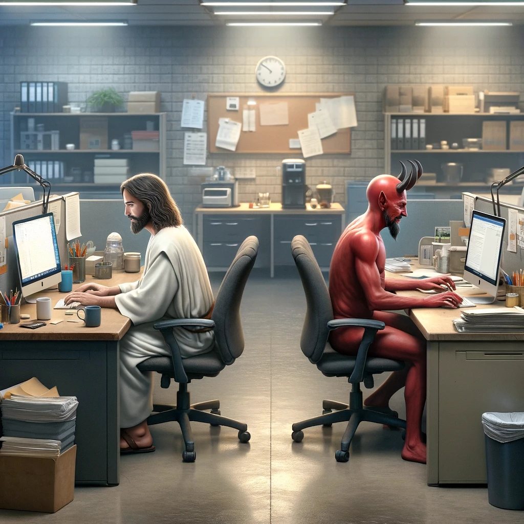 Realistic scene depicting Jesus and Satan as co-workers in a typical o