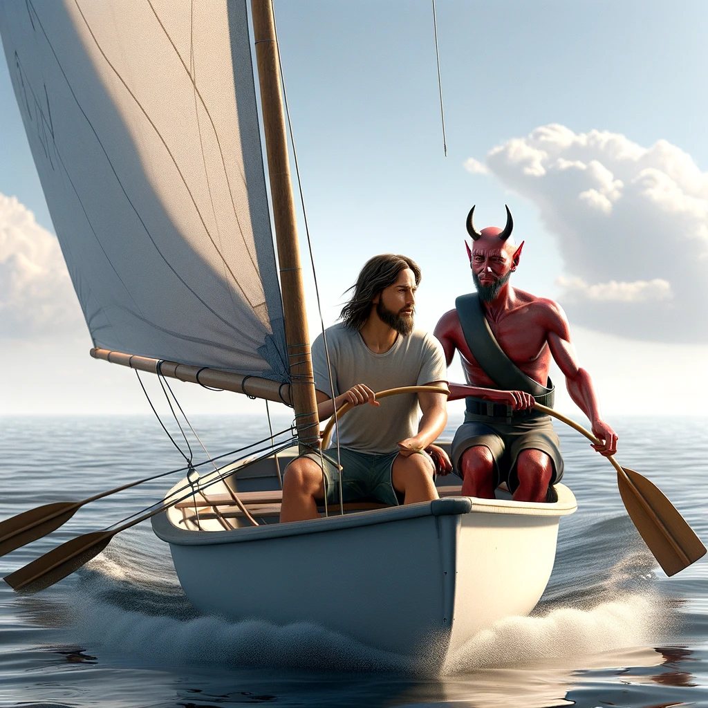 Realistic scene depicting Jesus and Satan sailing together in a small
