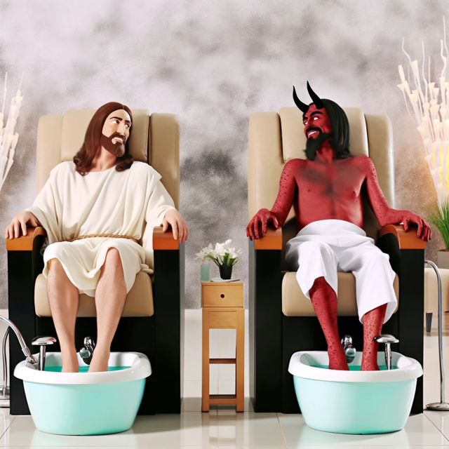 Relaxing and humorous scene depicting Jesus and Satan getting pedicure