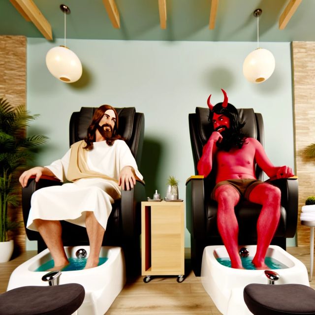 Relaxing and humorous scene depicting Jesus and Satan getting pedicure