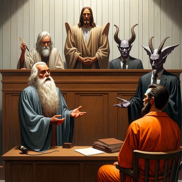 Revise the courtroom scene to include four main figures prominently
