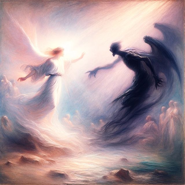 Scene capturing an epic confrontation between a figure emanating light