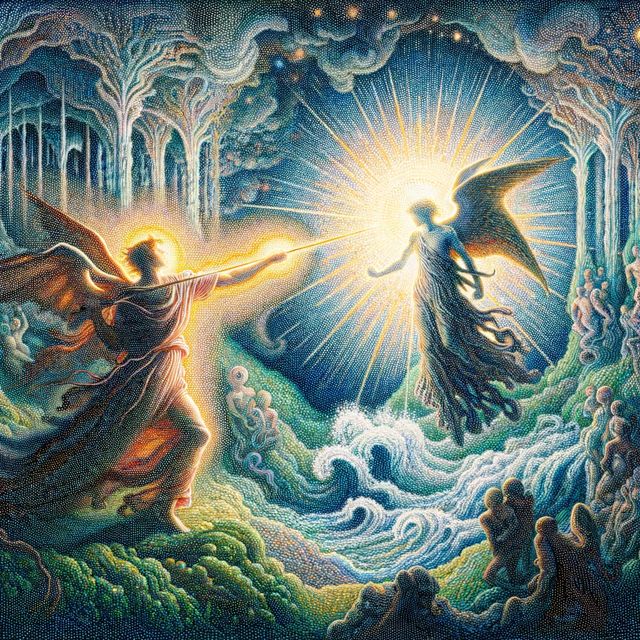 Scene depicting a dramatic encounter between a figure embodying light 