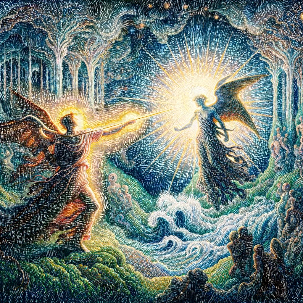 Scene depicting a dramatic encounter between a figure embodying light