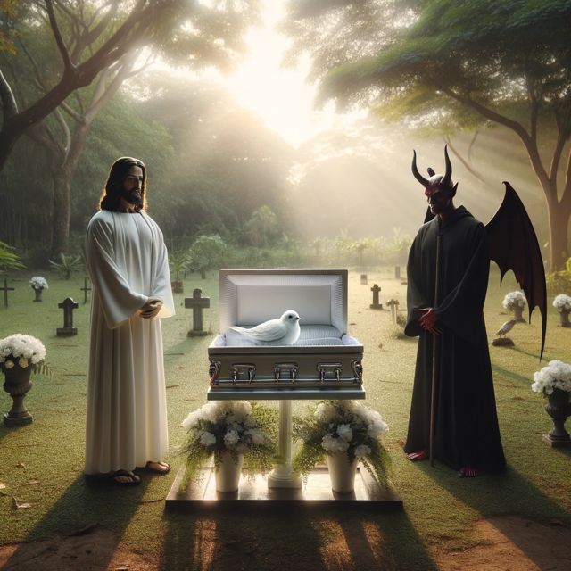 Serene and dignified scene depicting Jesus and Satan attending an open