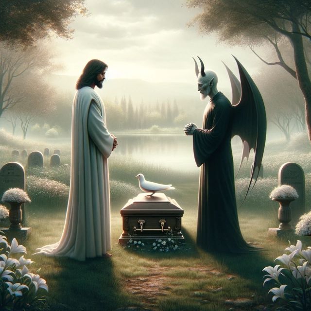 Somber and reflective scene depicting Jesus and Satan attending a fune