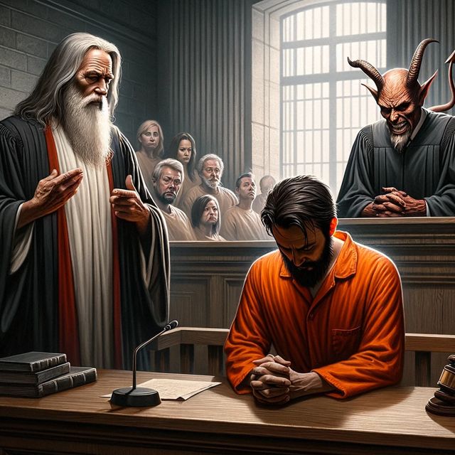 Somber courtroom scene featuring an old man with a long white beard si