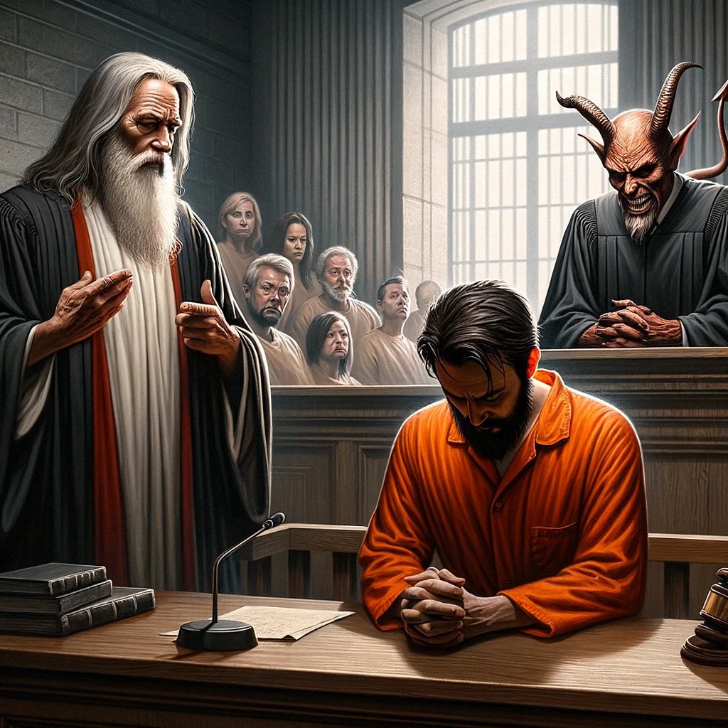 Somber courtroom scene featuring an old man with a long white beard si