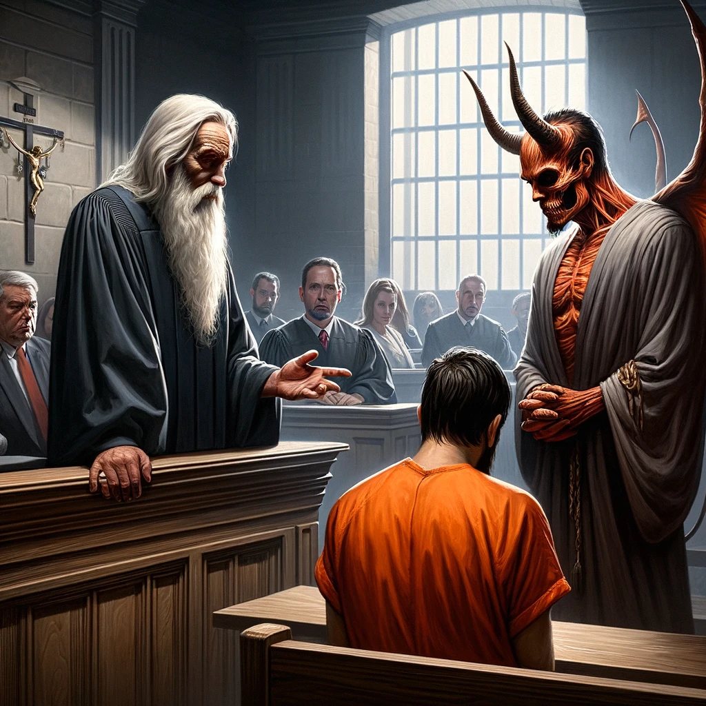 Somber courtroom scene featuring an old man with a long white beard si