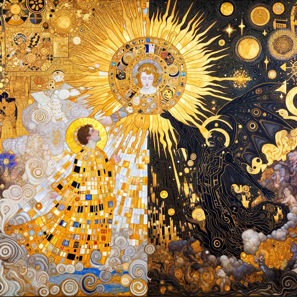 Symbolic and dramatic scene portraying an epic battle between a radian