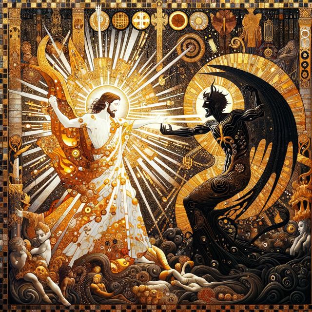 Symbolic and dramatic scene portraying an epic battle between a male f