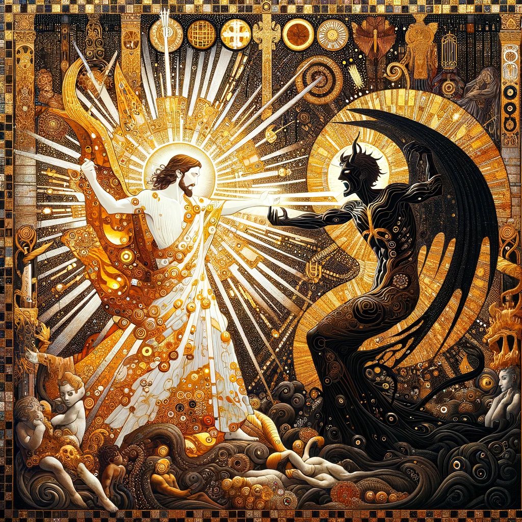 Symbolic and dramatic scene portraying an epic battle between a male f