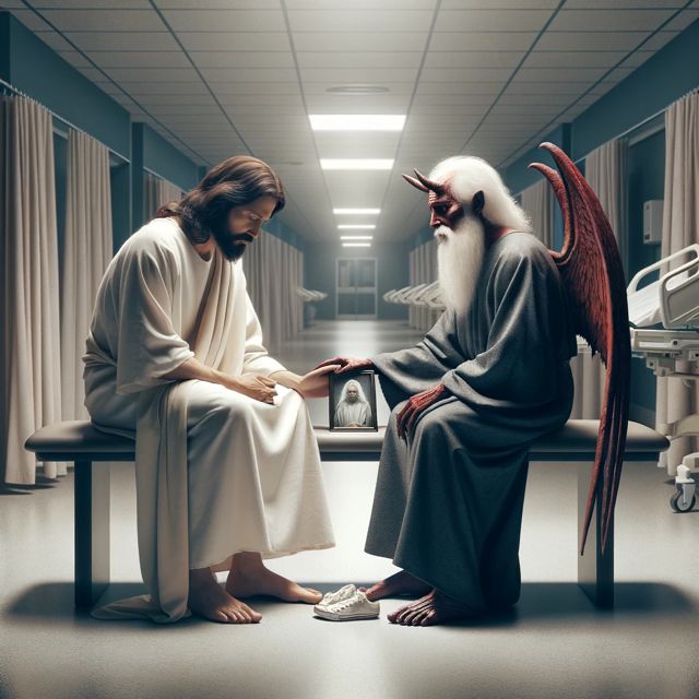 Touching and solemn scene depicting Jesus and Satan in a hospital