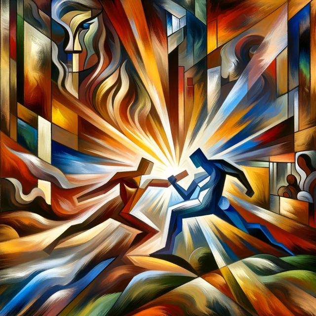 Vibrant scene portraying a clash between a figure symbolizing light an