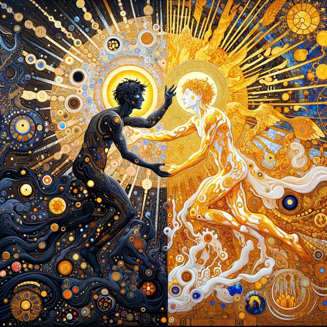 Vivid and symbolic depiction of a confrontation between a male figure 