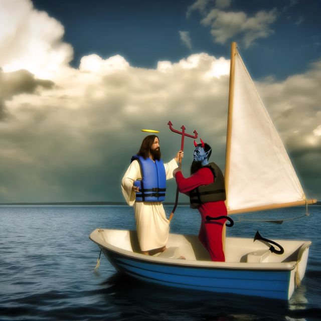 Whimsical and adventurous scene depicting Jesus and Satan together