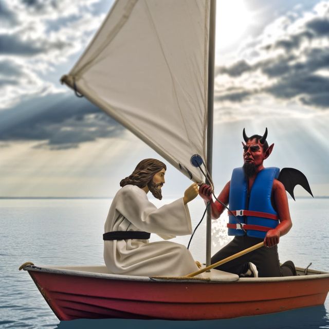 Whimsical and adventurous scene depicting Jesus and Satan together